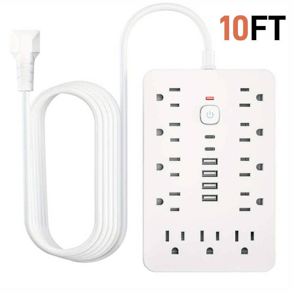 Surge Protector Power Strip 17-in-1 with 11 AC Outlets 4 USB-A 2 USB-C Ports Flat Plug Extension Cord Space-Saving Compact Design for Home Office Kitchen Desk Wall Charging Station