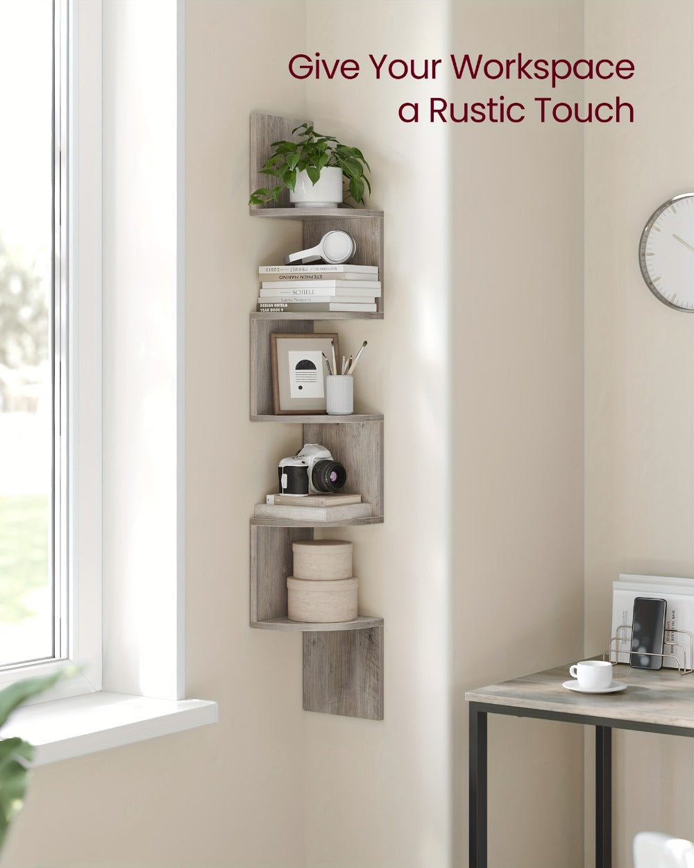 Corner Floating Shelf 5-Tier Wall Mount, Space Saving Storage Rack for Bedroom Living Room, Radial Display Organizer, Easy Install, 7.9¡±¡Á7.9¡±¡Á49.6¡±, Black White Brown Greige Beige
