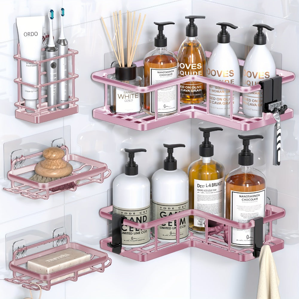 Corner Shower Caddy 5 Pack with Soap Holder & 4 Removable Hooks ¨C Rustproof No Drill Shower Shelf Organizer for Inside Shower