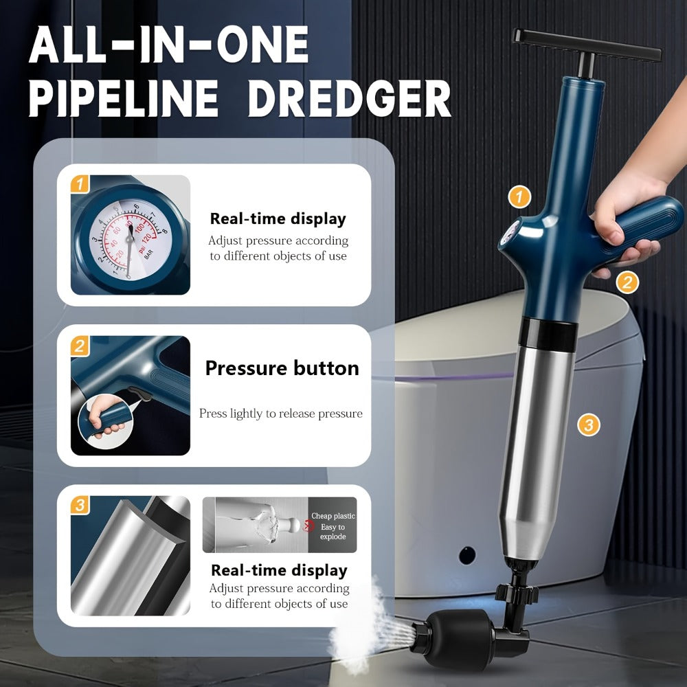 Toilet Plunger Set High Pressure Air Drain Unclogger - Stainless Steel Toilet Snake & Air Discharge Impactor for Clogged Toilet, Kitchen Sink, Bathroom Drain & Pipe Blockage Removal
