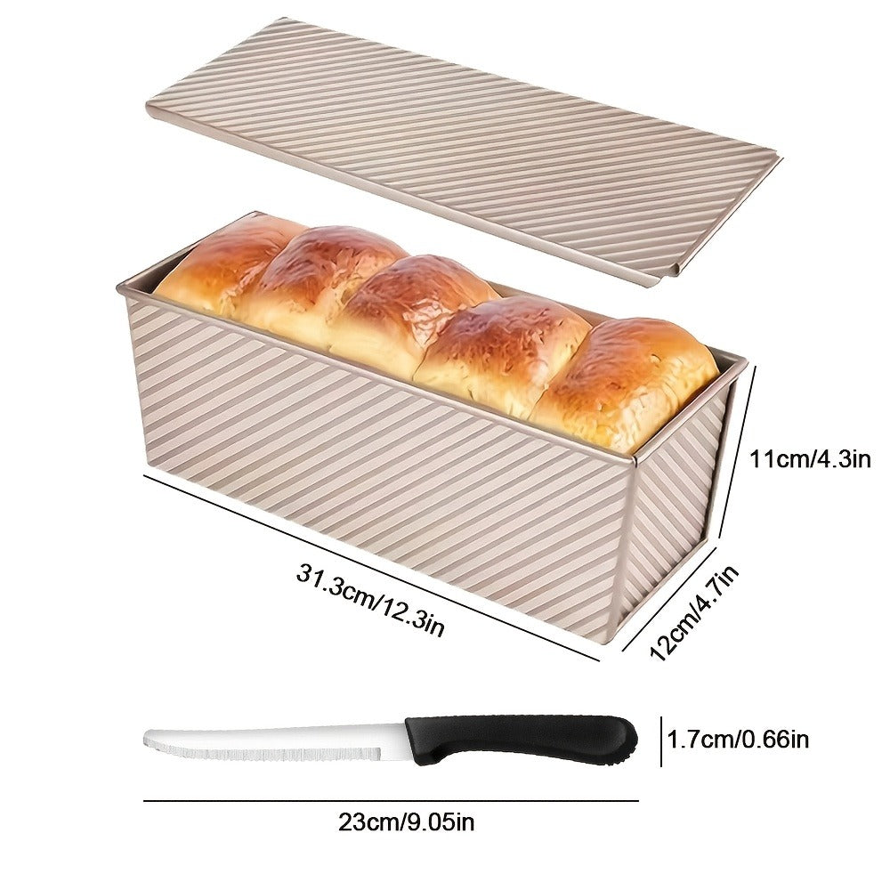 Pullman Loaf Pan with Lid, Extra Large 12.3x4.7x4.3 Inch Sandwich Bread Pan with Vent Holes, Nonstick Carbon Steel Toast Pan with Bread Knife, Square Loaf Pan for Sandwich Bread, Black or Gold