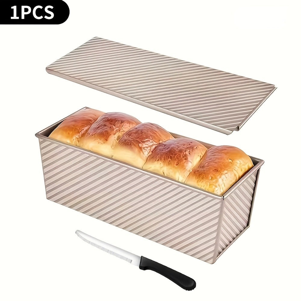 Pullman Loaf Pan with Lid, Extra Large 12.3x4.7x4.3 Inch Sandwich Bread Pan with Vent Holes, Nonstick Carbon Steel Toast Pan with Bread Knife, Square Loaf Pan for Sandwich Bread, Black or Gold
