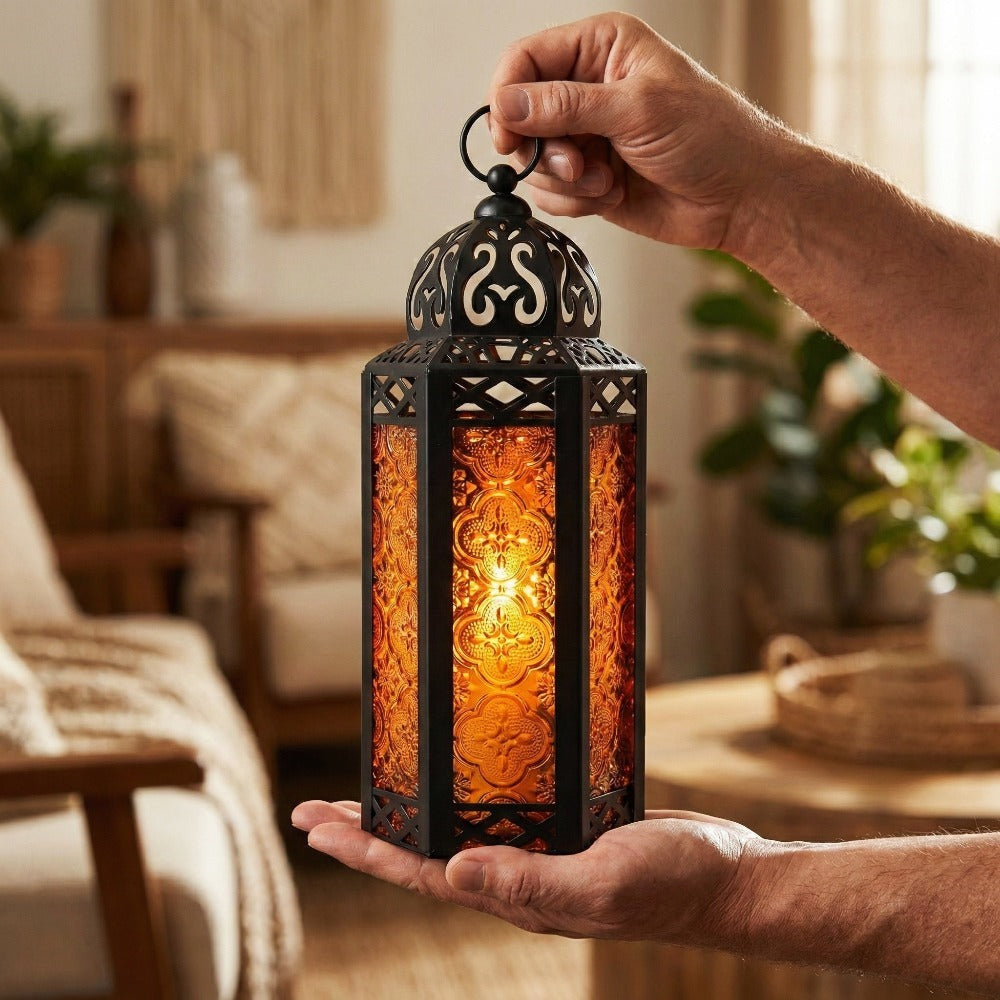 Moroccan Candle Lantern Holder - Decorative Metal & Glass Lantern with Embossed Floral Design for Indoor Home Decor, Garden, Patio, Weddings, Ramadan, Halloween & Holiday Celebrations - 10.5¡± Tall Medium Size