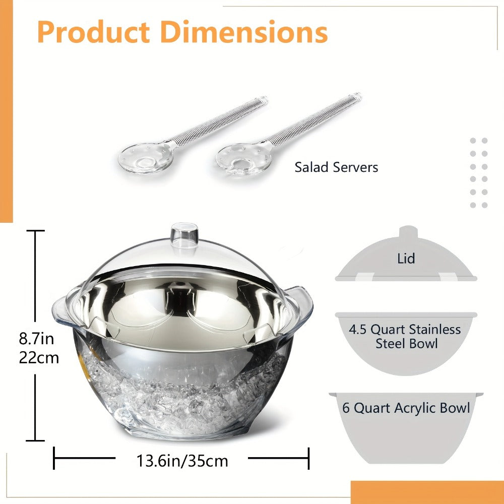 Stainless Steel Ice Chiller Salad Bowl with Lid and Serving Spoons ¨C Large Refrigerated Veggie Fruit Tray with Ice Chiller Base for Party Entertaining Buffet Outdoor Picnic Food Display