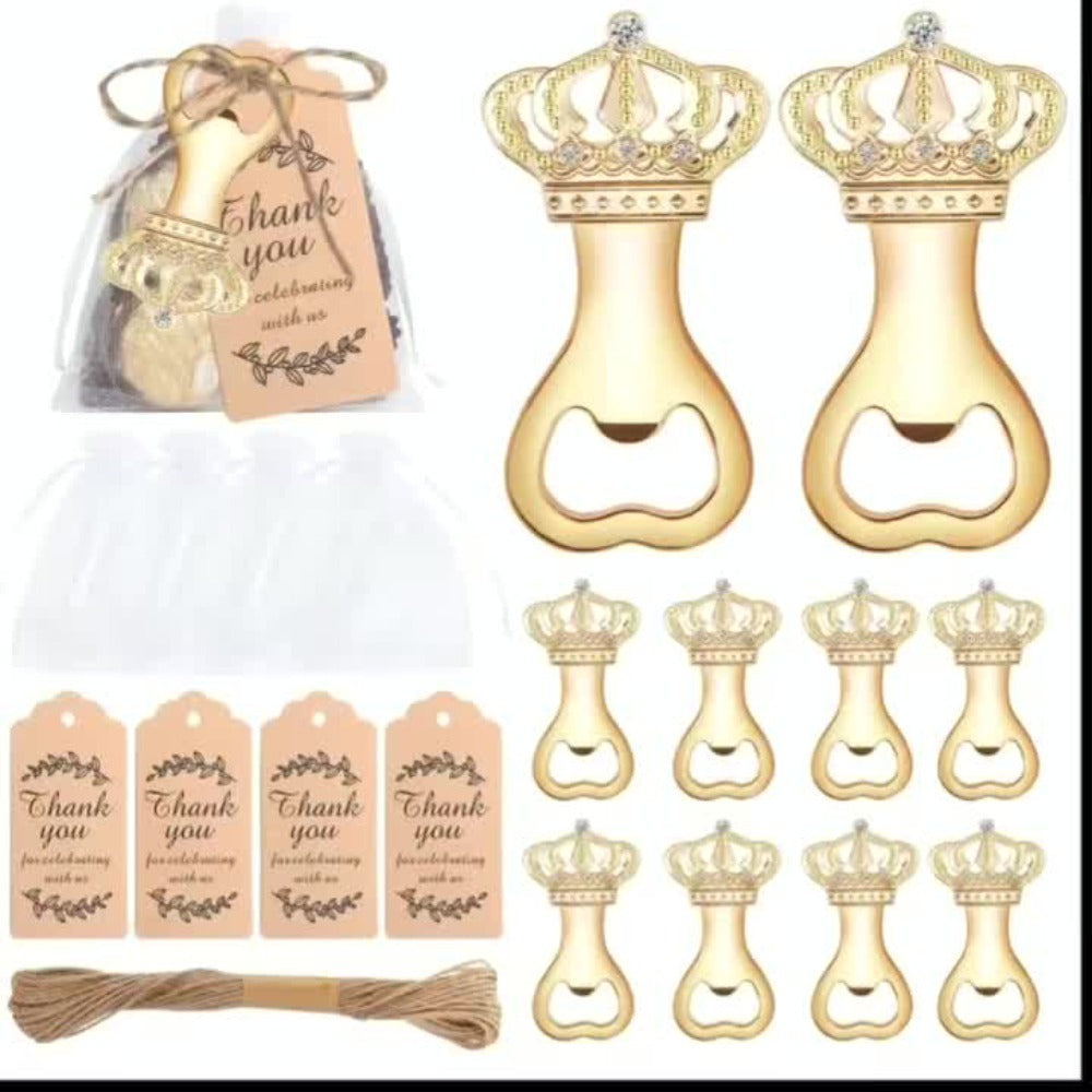 Crown Bottle Opener Wedding Favors 10 Sets 31pcs - Rose Gold Party Gift for Guests with Organza Bag Thank You Tag Twine for Bridal Shower Birthday Baby Shower Bar Kitchen