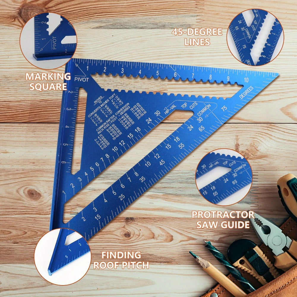 Aluminum Triangle Square Ruler 12 Inch Woodworking Angle Measuring Marking Tool with Protractor and Metric Scale for DIY Home Improvement