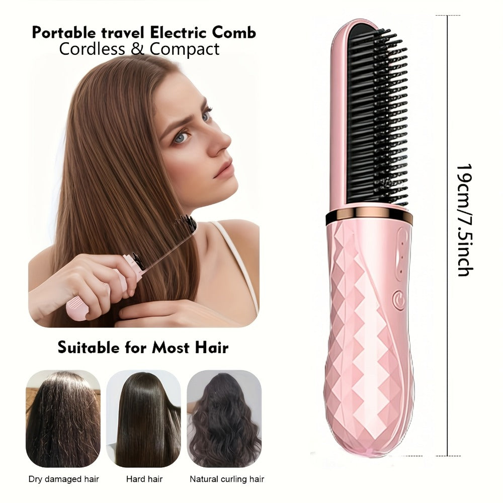 Cordless Hair Straightener Brush USB-C Rechargeable 2000mAh Lithium Battery 3-Level Temperature Control Dual-Use Straightening and Curling Portable Travel Styler for Women