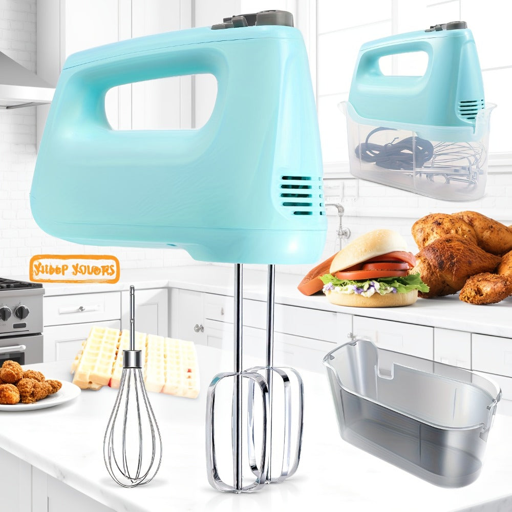 Electric Hand Mixer 250W with Storage Case ¨C 5-Speed Plus Turbo Handheld Mixer with 5 Stainless Steel Attachments (2 Beaters, 2 Dough Hooks & 1 Whisk) ¨C Kitchen Baking Mixer in Blue, Black, White & Silver