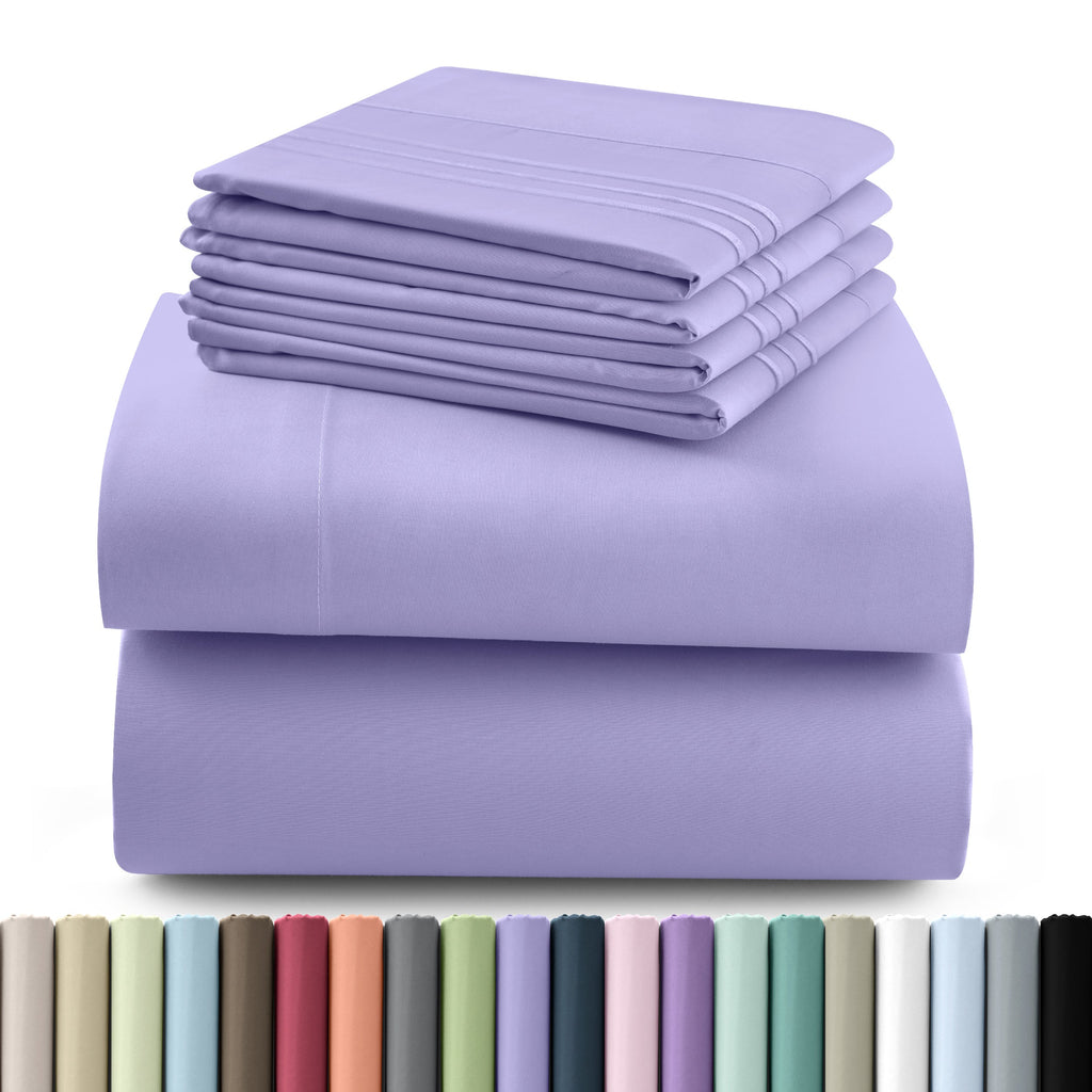 Fitted Sheet Set 6-Piece Brushed Polyester Deep Pocket Bed Sheets 20 Colors Hotel Luxury Soft Bedding with Embroidered Pillowcases