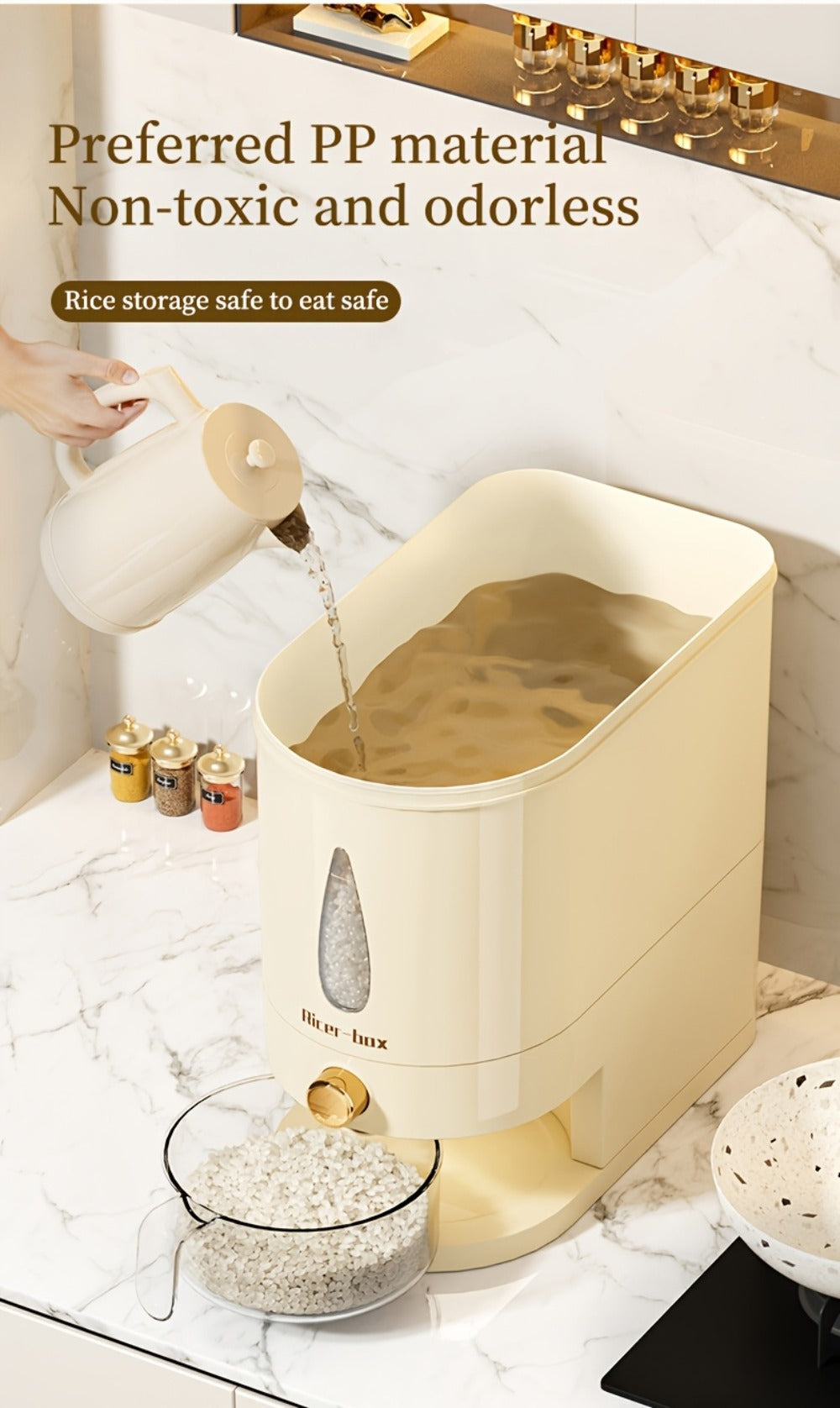 Rice Dispenser Storage Container Press Type Measuring Cup Moisture-Proof Sealed Grain Bin - Large Capacity Airtight Rice Storage Box for Rice Coffee Beans Flour Legumes Pet Food Kitchen Pantry Organizer