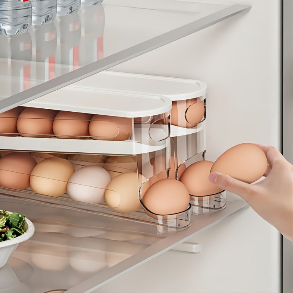 Double Layer Rolling Egg Dispenser Automatic Space Saving Refrigerator Egg Organizer for Cabinet Kitchen Storage Keeps Eggs Fresh White