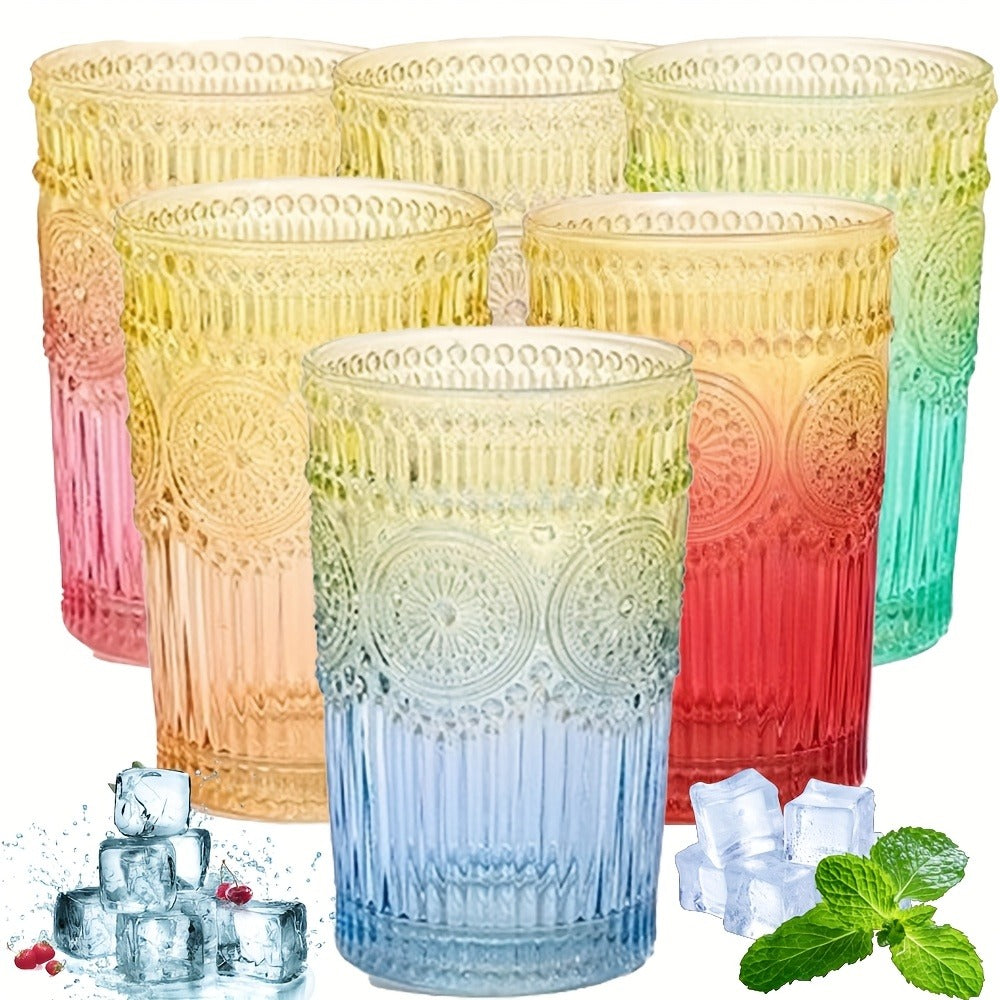 Vintage Drinking Glasses Set of 6 Colored Tumblers 14 oz ¨C Embossed Geometric Pattern, 6 Muted Colors, for Water, Juice, Beer, Cocktails, Whiskey & Milk ¨C Retro Barware Gift Set