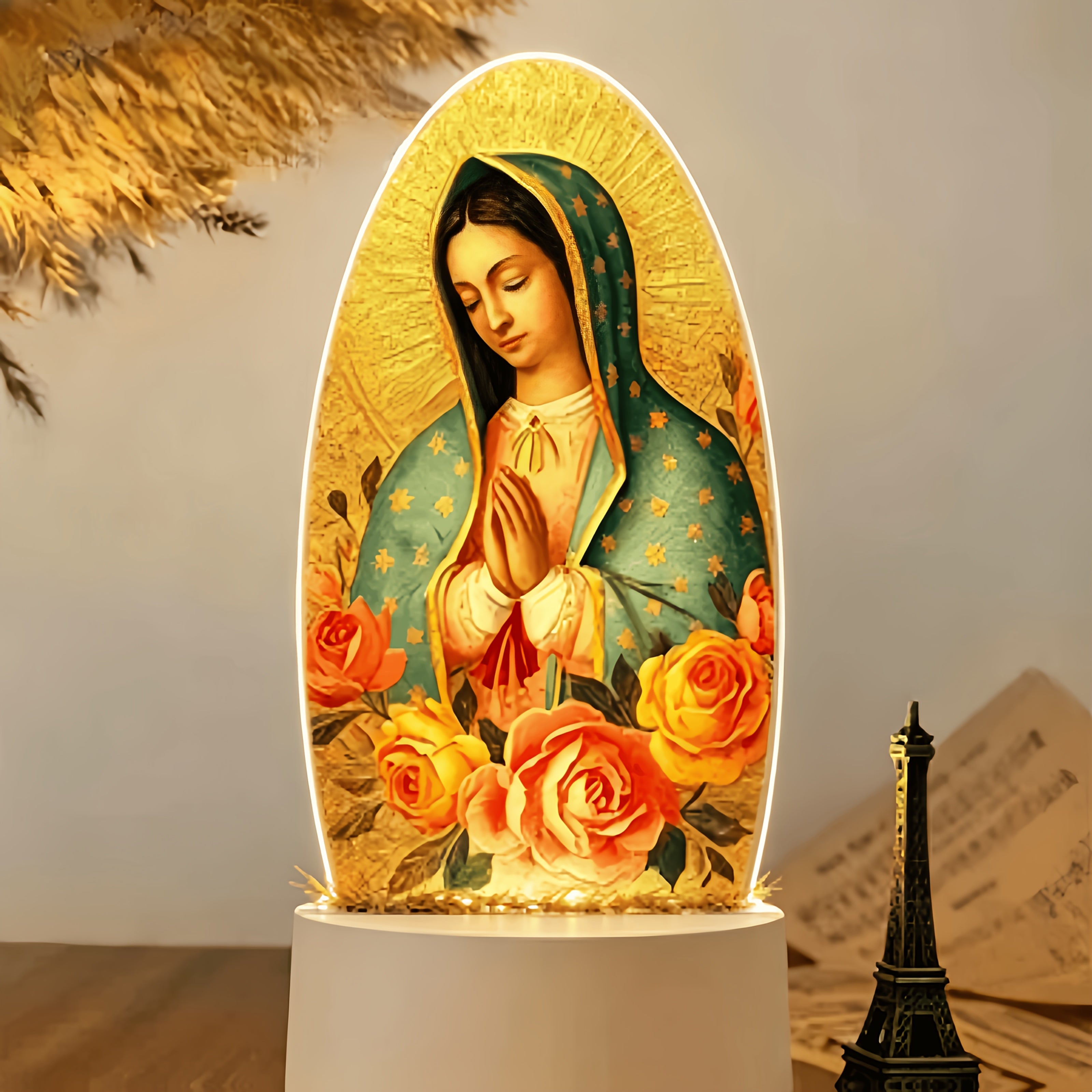 Guadalupe Prayer Light with Warm White LED & Switch Control - Virgin Mary Night Light for Christian Home Decor Baptism Worship Prayer Room Spiritual Gift New Home