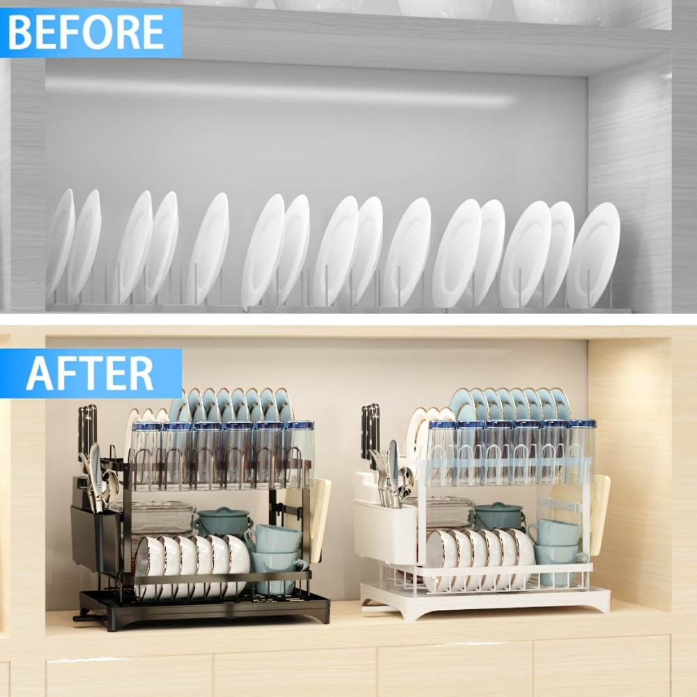 2-Layer Dish Drying Rack Kitchen Countertop Organizer - Dish Drain Rack with Knife Holder, Cup Rack & Cutlery Holder for Bowls, Chopsticks & Utensils, Black Assembled Dish Drainer