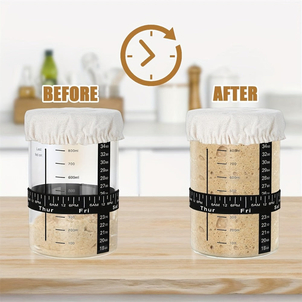 Sourdough Starter Jar 24oz with Lid & Accessories Kit | Glass Bread Starter Container with Silicone Scraper, Thermometer Strip, Date Feeding Band, Cloth Cover & Wood Lid ¨C Reusable Fermentation Jar