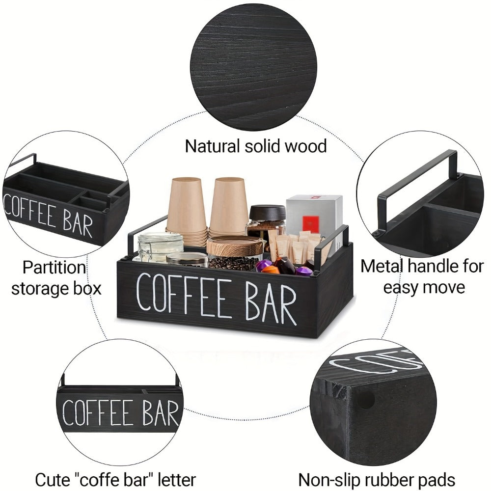 Coffee Bar Organizer Wooden Farmhouse Style - Rustic COFFEE BAR Sign Storage Tray for Pods Sugar Creamer Accessories, Waterproof Rectangular Countertop Organizer for Kitchen Coffee Station Decor