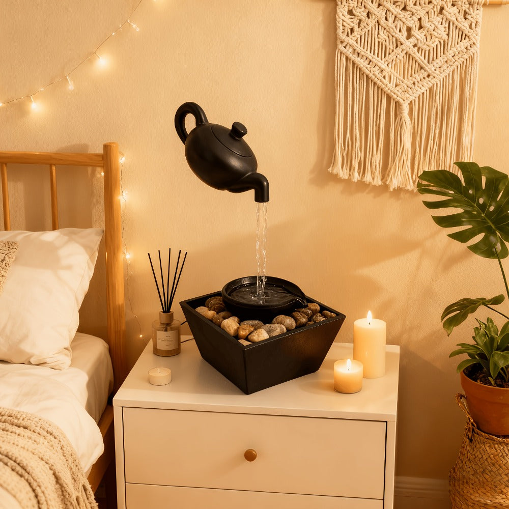 Tabletop Water Fountain with LED Light Zen Teapot Indoor Relaxation Fountain Black Resin Pebble Bed Soothing Water Flow Meditation Decor Home Office Desk Zen Garden Gift