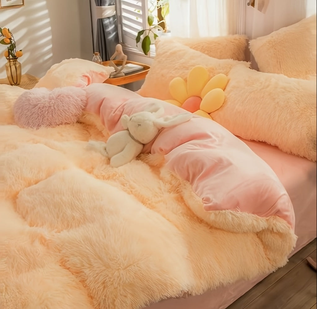 Fluffy Bedding Set 4pcs Soft Warm Plush Duvet Cover with Pillowcases Queen King - Cozy Autumn Winter Comforter Set 8 Colors