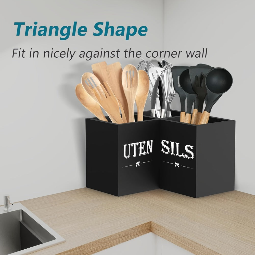 Kitchen Utensil Holder with 3 Compartments Extra Large Wooden Countertop Organizer | Farmhouse Black Kitchen Storage for Spatulas Whisks Spoons | Rustic Wood Utensil Caddy for Kitchen Organization