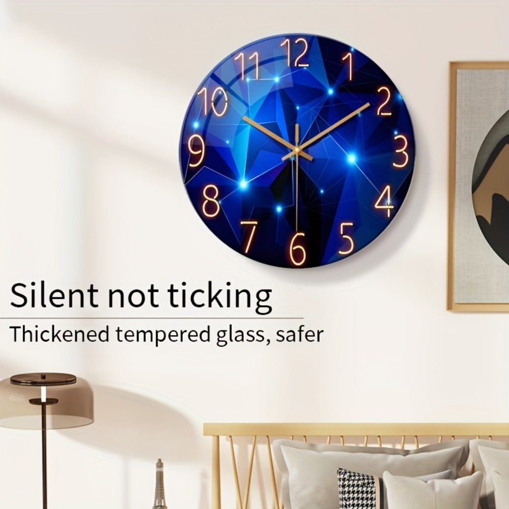 Modern Blue Glass Wall Clock Silent Non-Ticking Quartz Movement Battery Operated Tempered Glass Large Wall Clock for Living Room Bedroom Office Home Decor Gift