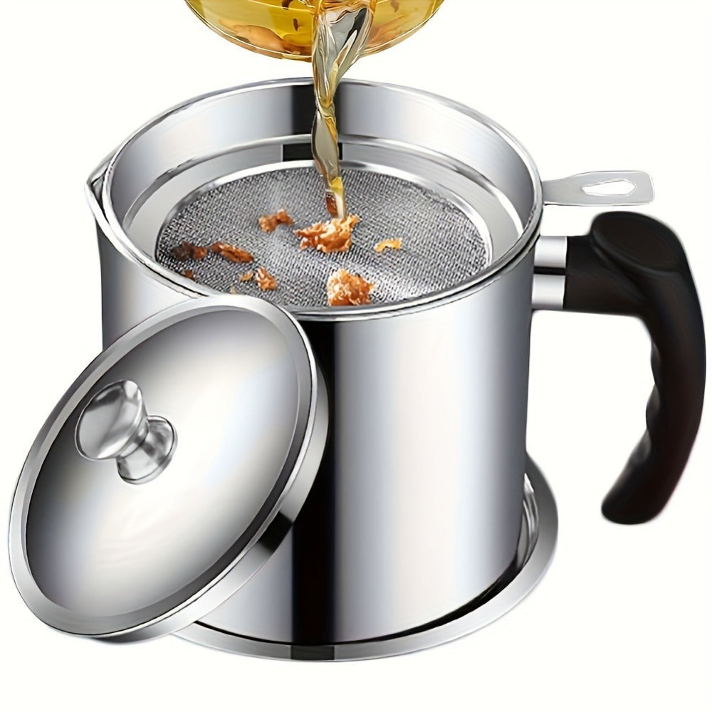 Grease Container with Strainer Stainless Steel BPA Free - Kitchen Bacon Fat Storage Can with Easy Pour Handle for Cooking Oils and Fats, Essential Kitchen Accessory