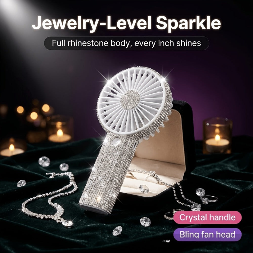 Rhinestone Handheld Fan Mini USB Rechargeable, Crystal Diamond Sparkling Personal Fan 3-Speed for Women and Girls, Elegant Portable Fan for Wedding, Outdoor, Travel, Office and Indoor Use