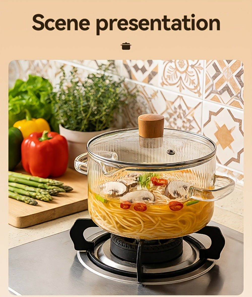 Glass Saucepan Set 2-Pack Stovetop Safe Borosilicate Ribbed Pots with Lids ¨C 78oz & 54oz Heat Resistant Cookware for Soup, Ramen, Milk | Transparent Glass Pot Kitchen Cooking Set with Baking Mat