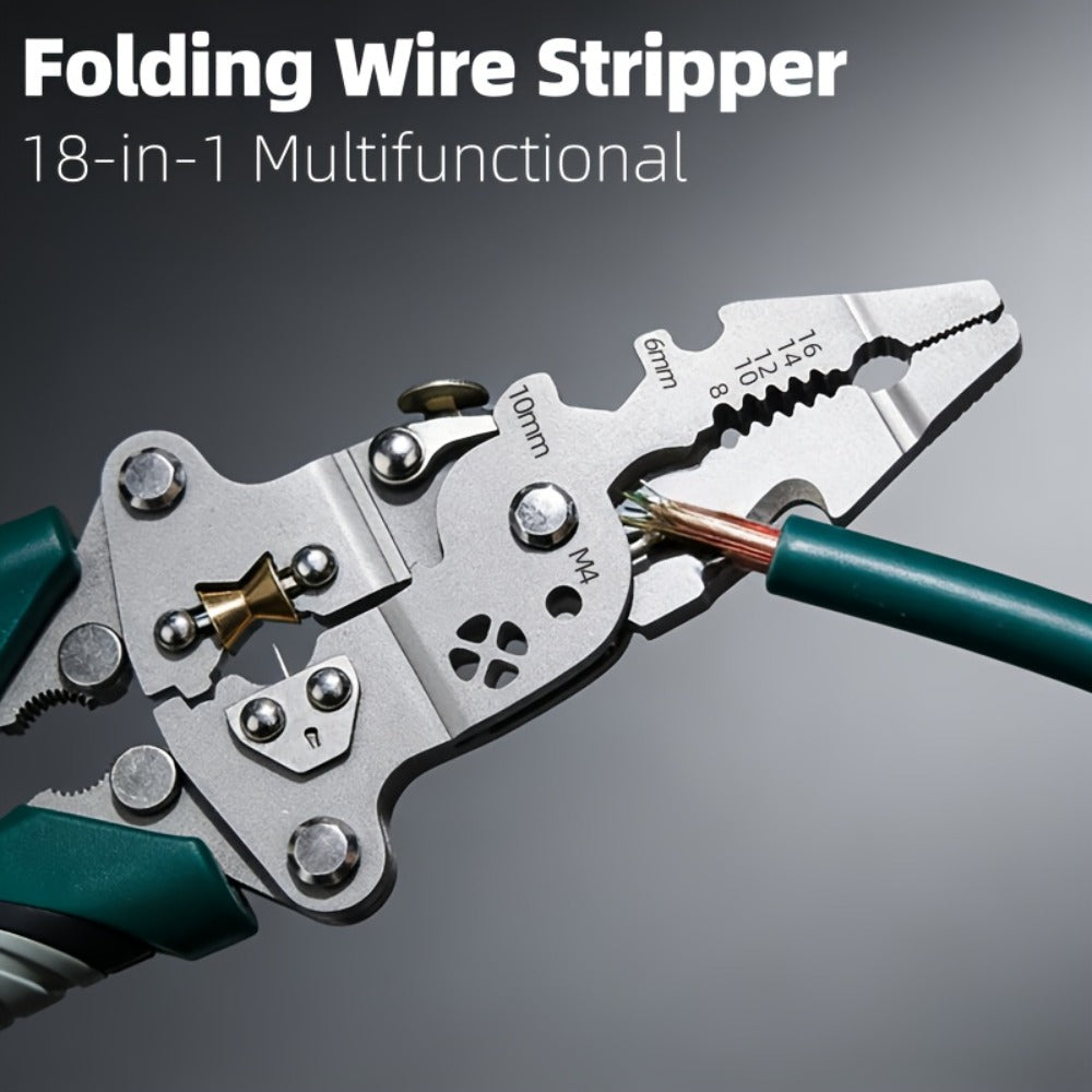 Wire Stripping Pliers 18-in-1 High Carbon Steel Foldable Ergonomic Electrician Tool Wire Stripper Cutter Crimper Puller for Home Electrical DIY Repair