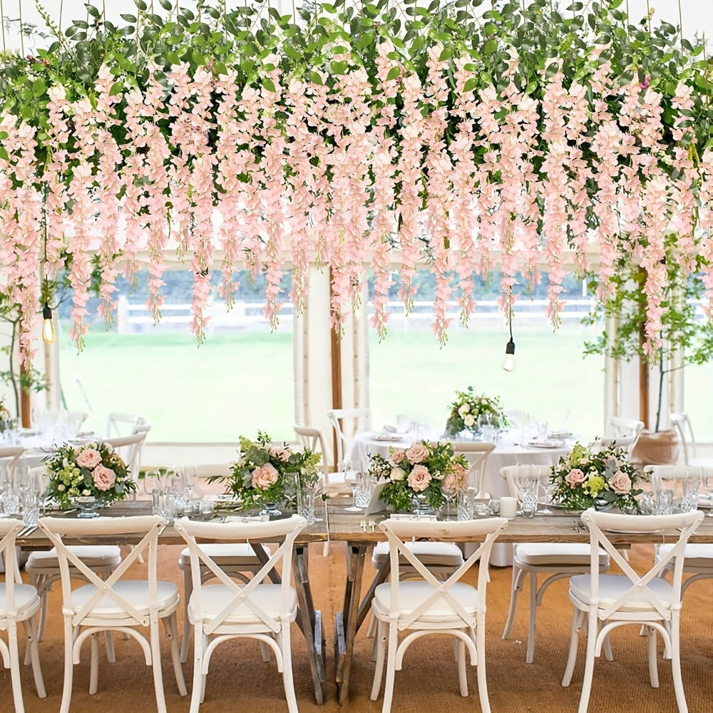 Artificial Wisteria Hanging Flowers 24pcs Fake Wisteria Vine Garland Silk Flower String for Wedding Home Party Backdrop Wall Decor Light Pink