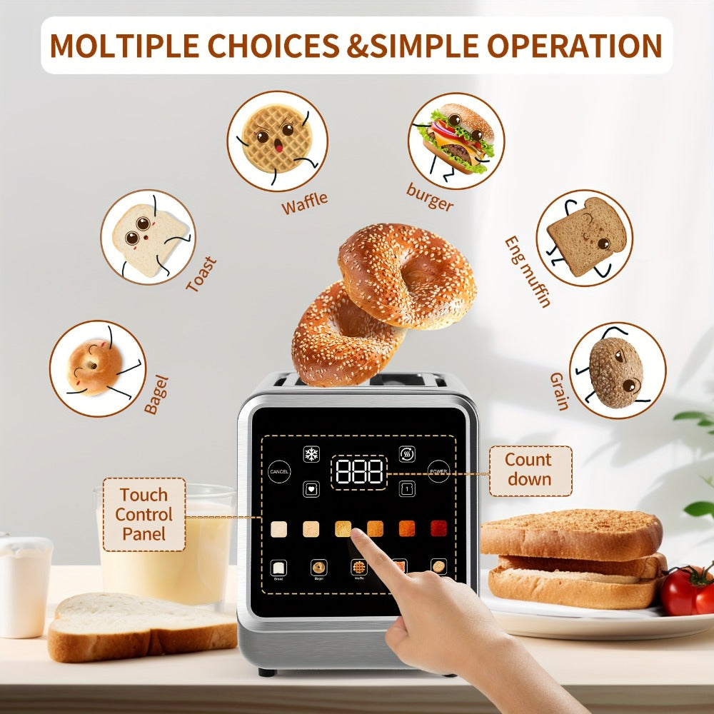 Digital Touch Screen Toaster 2 Slice Stainless Steel with 5 Bread Functions 7 Shade Settings Bagel Defrost Reheat Cancel Removable Crumb Tray LED Display Kitchen Toaster