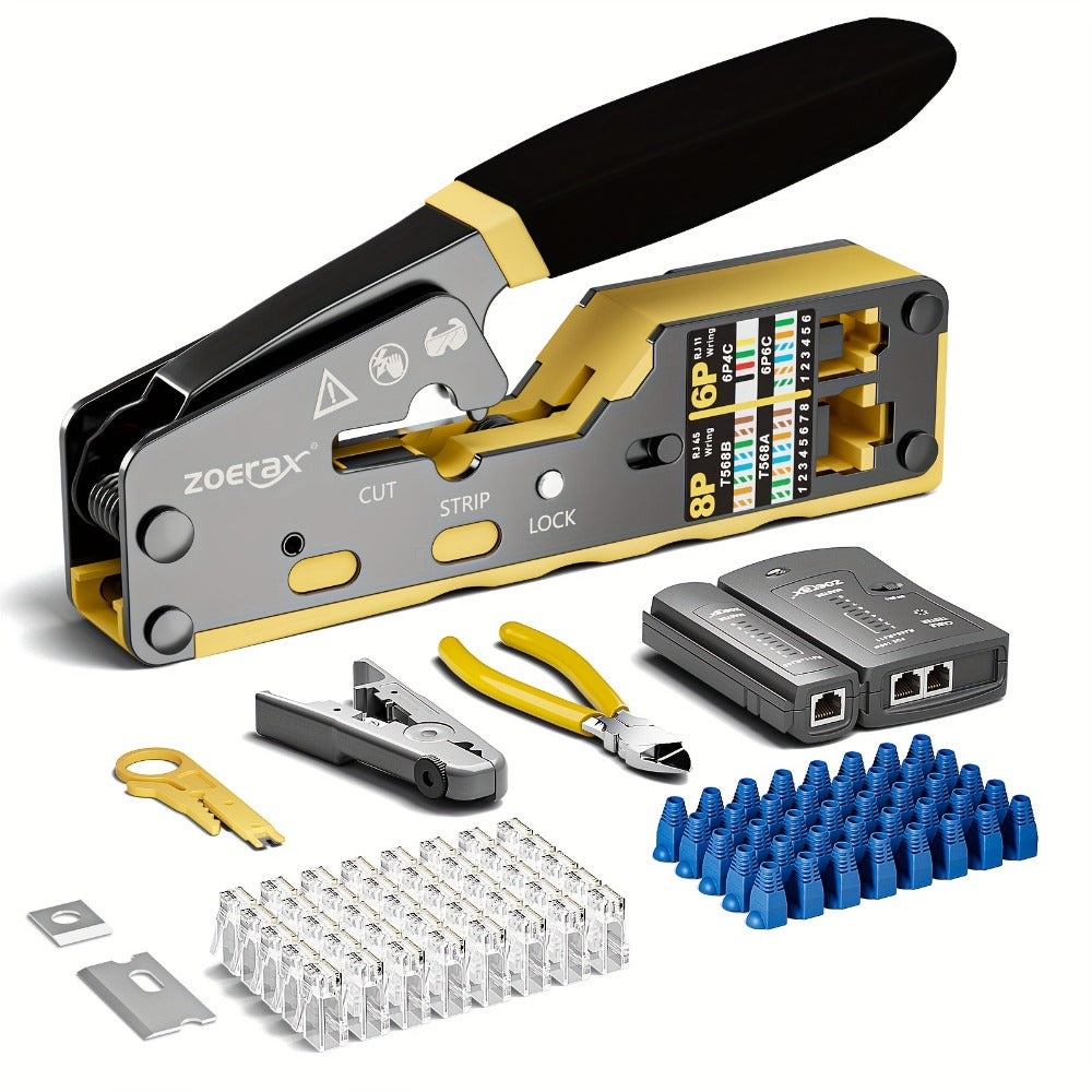 RJ45 Crimping Tool Kit Ethernet - CAT5/CAT5e/CAT6 Pass Through Crimper with Cable Tester, Wire Stripper, Pliers, Spare Blades, 50pcs CAT6 Connectors & Strain Relief Boots, Network Cable Kit