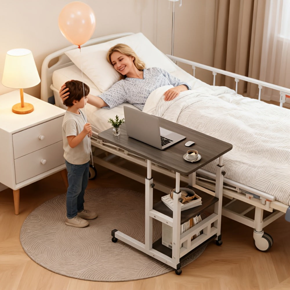 Rolling Overbed Table with Brake Wheels ¨C Adjustable Height Bedside Nursing Dining Table for Elderly & Patients | Lockable Caster Wheels, Over-Bed Card Tray Design, 4 Colors, Practical Gift