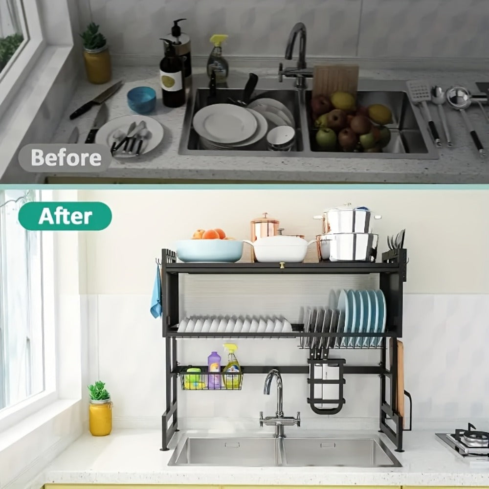 Dish Drying Rack Multi-Layer Kitchen Countertop Organizer - Dust-Free Drainer for Plates Bowls Utensils, Black Large Capacity Dish Rack