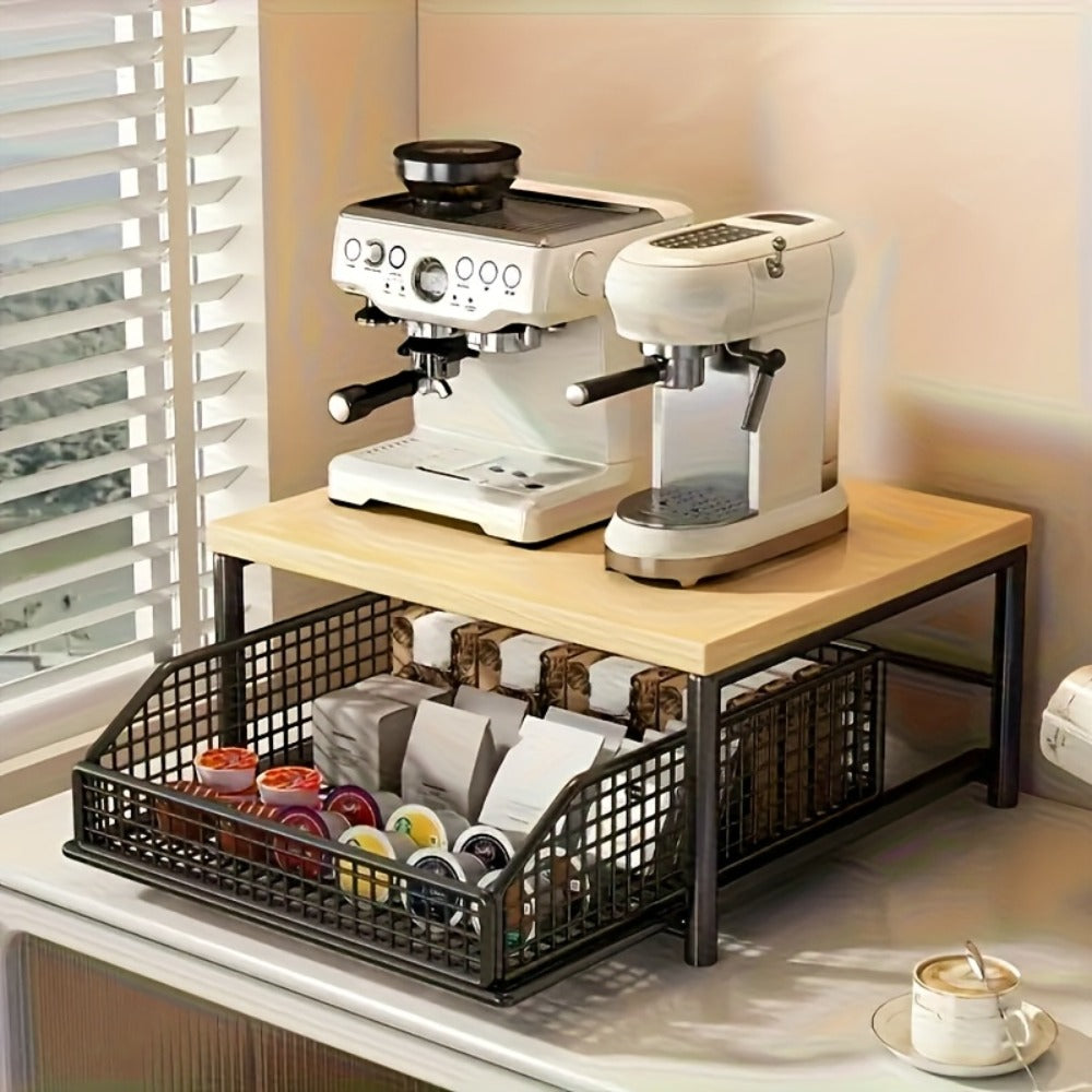 2-Tier Kitchen Countertop Organizer with Drawer & Wire Basket ¨C Hardwood & Metal Storage Shelf for Coffee Maker, Utensils & Spices