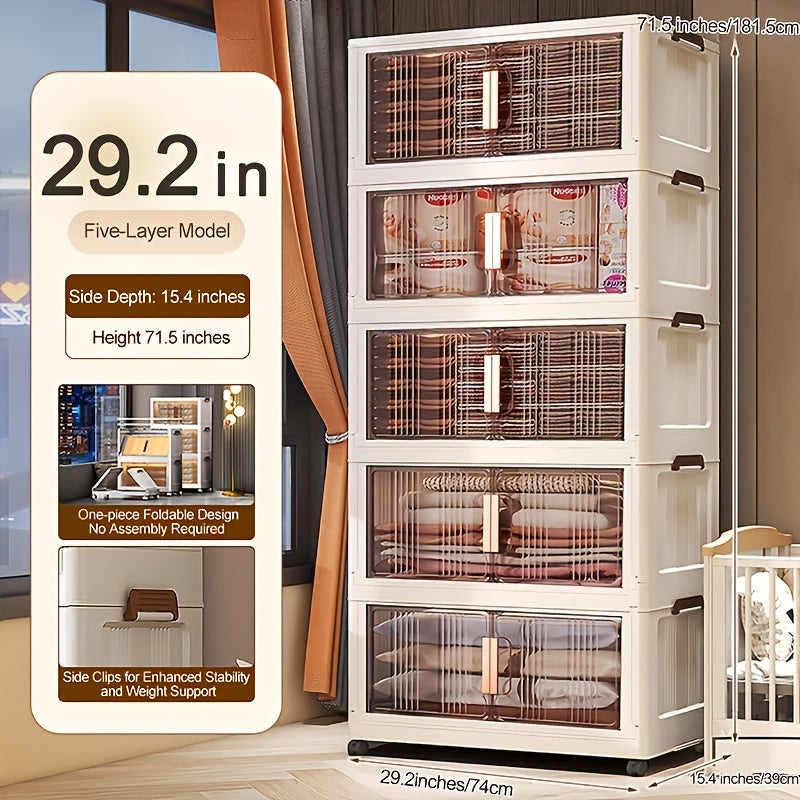 Folding Storage Cabinet with Wheels, 3/4/5-Tier Stackable Plastic Storage Bins with Lids & Magnetic Doors, Foldable Large Organizer with 360¡ã Lockable Wheels for Home Office Kitchen Bathroom Garage