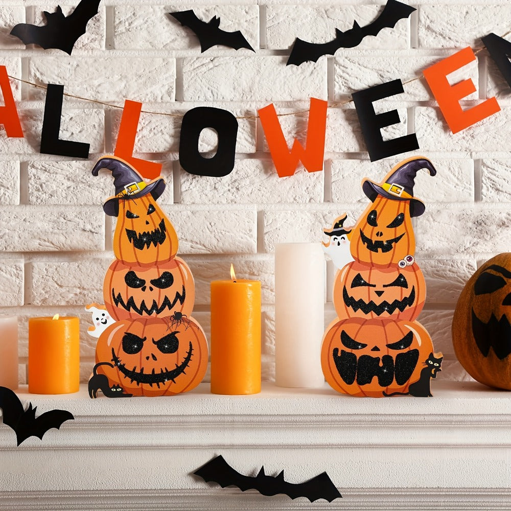 Halloween Tiered Tray Decor Set of 2 ¨C Glittery Wooden Pumpkin Stack with Witch Hat, Spooky Centerpiece for Autumn & Fall Home Decoration, Halloween Tabletop Ornament & Seasonal Tiered Tray Accessory