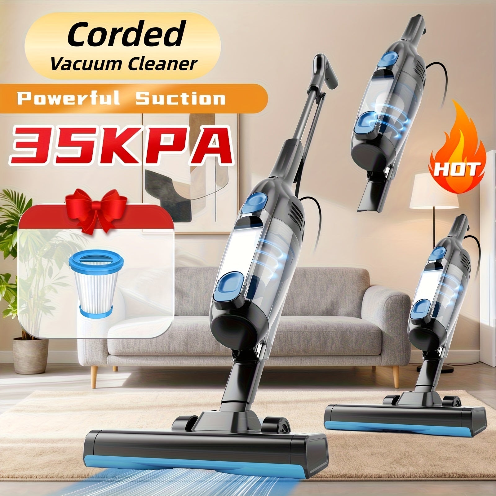 Cordless Vacuum Cleaner 2-in-1 Corded 70KPA Powerful Suction | 6-in-1 Handheld Vacuum with Detachable Battery 45-Min Runtime LED Brush Head 50.5oz Dust Cup | For Hardwood Floor Carpet Pet Hair Home Car