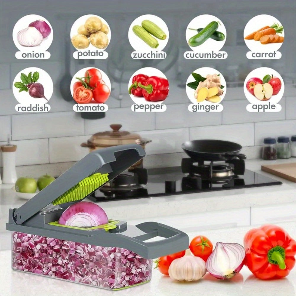Vegetable Chopper 16-in-1 with 8 Blades and Container - Professional Onion Chopper, Multi-Function Food Slicer Dicer for Kitchen, Carrot Garlic Veggie Cutter with Storage Box