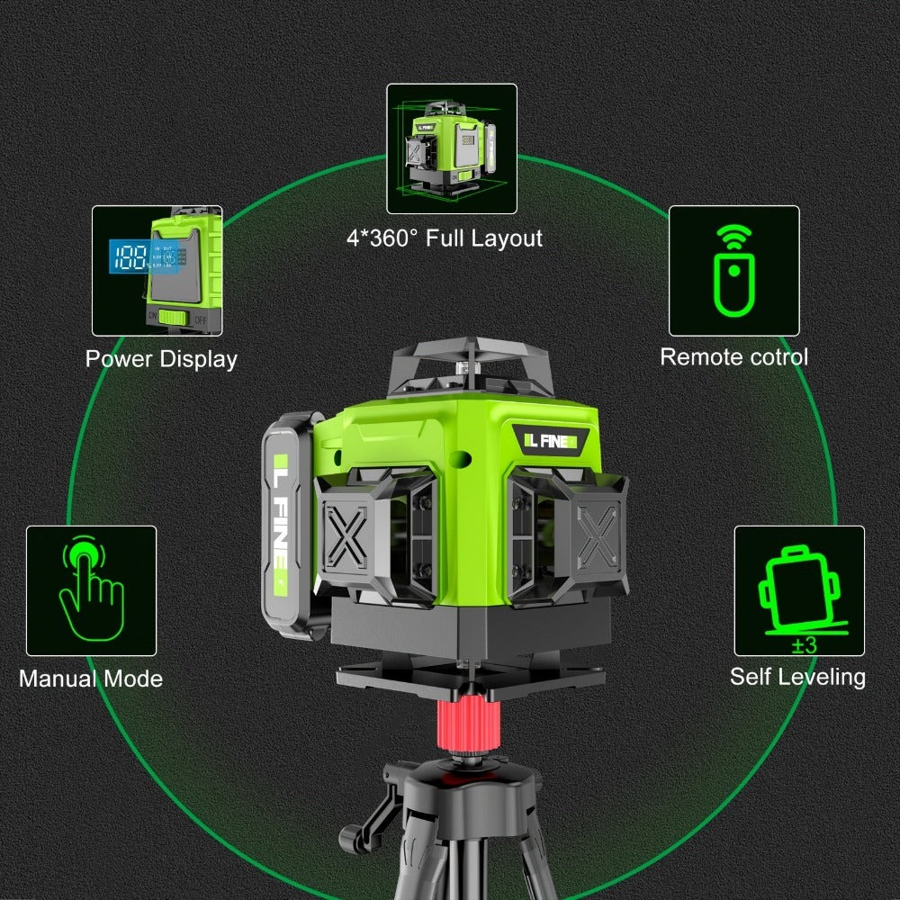 Laser Level 16 Line 4D Green Self-Leveling with Tripod 360 Degree Rotary Cross Line High Precision Auto Leveling Tool Rechargeable Lithium Battery Vertical Horizontal for Tiling Hanging Pictures Construction