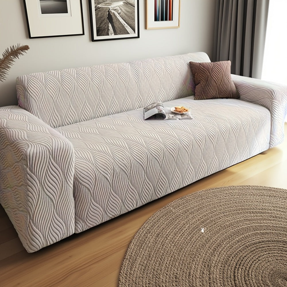 Polar Fleece Sofa Cover Modern Jacquard Elastic Slip-Resistant All Season Furniture Protector for Living Room Office Bedroom - 1 2 3 4 Seater with Free Matching Pillowcase