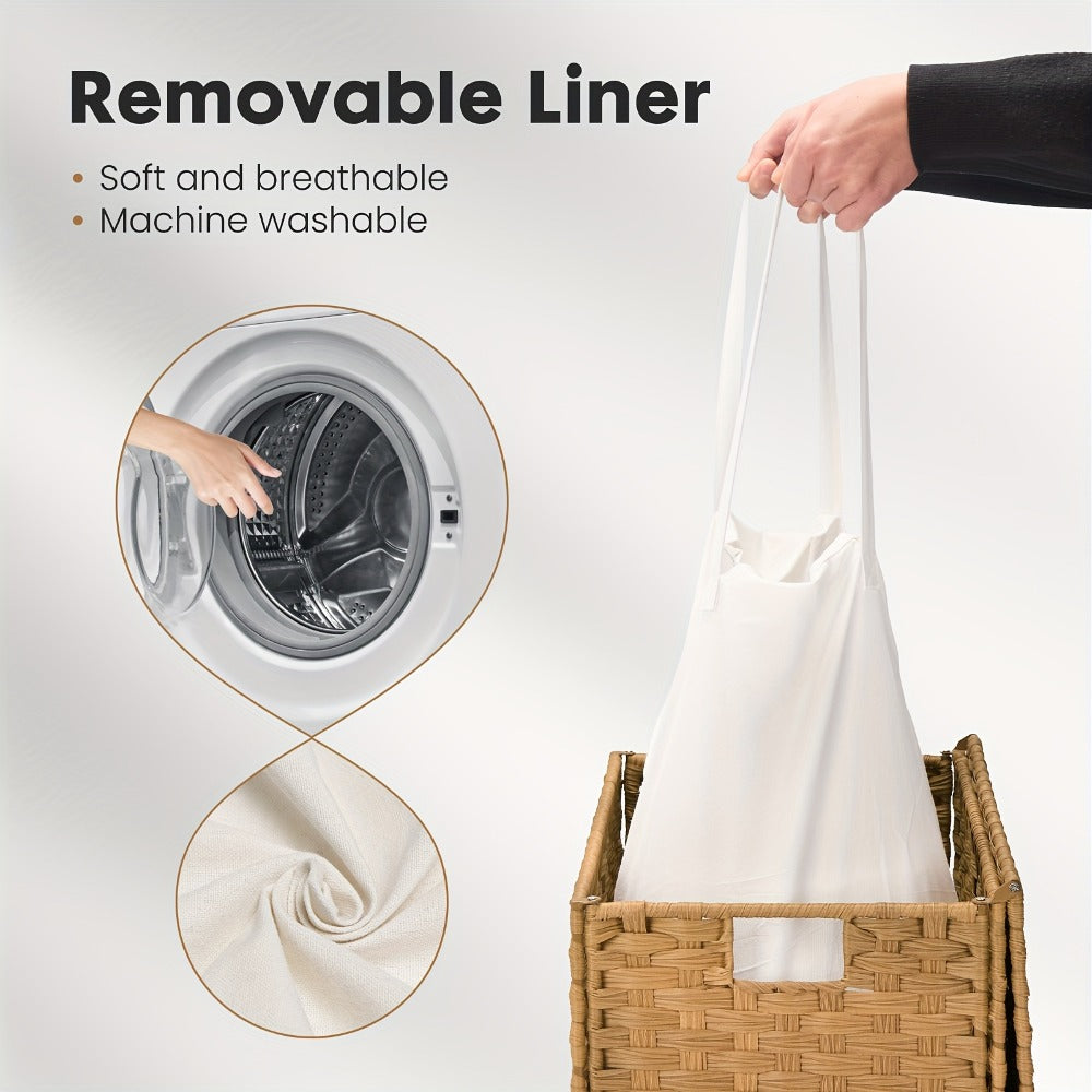Laundry Basket with Lid - Large Foldable Rattan Hamper with Removable Washable Liner, Sturdy Steel Frame, for Bathroom Bedroom, Goose Yellow or Dove Gray
