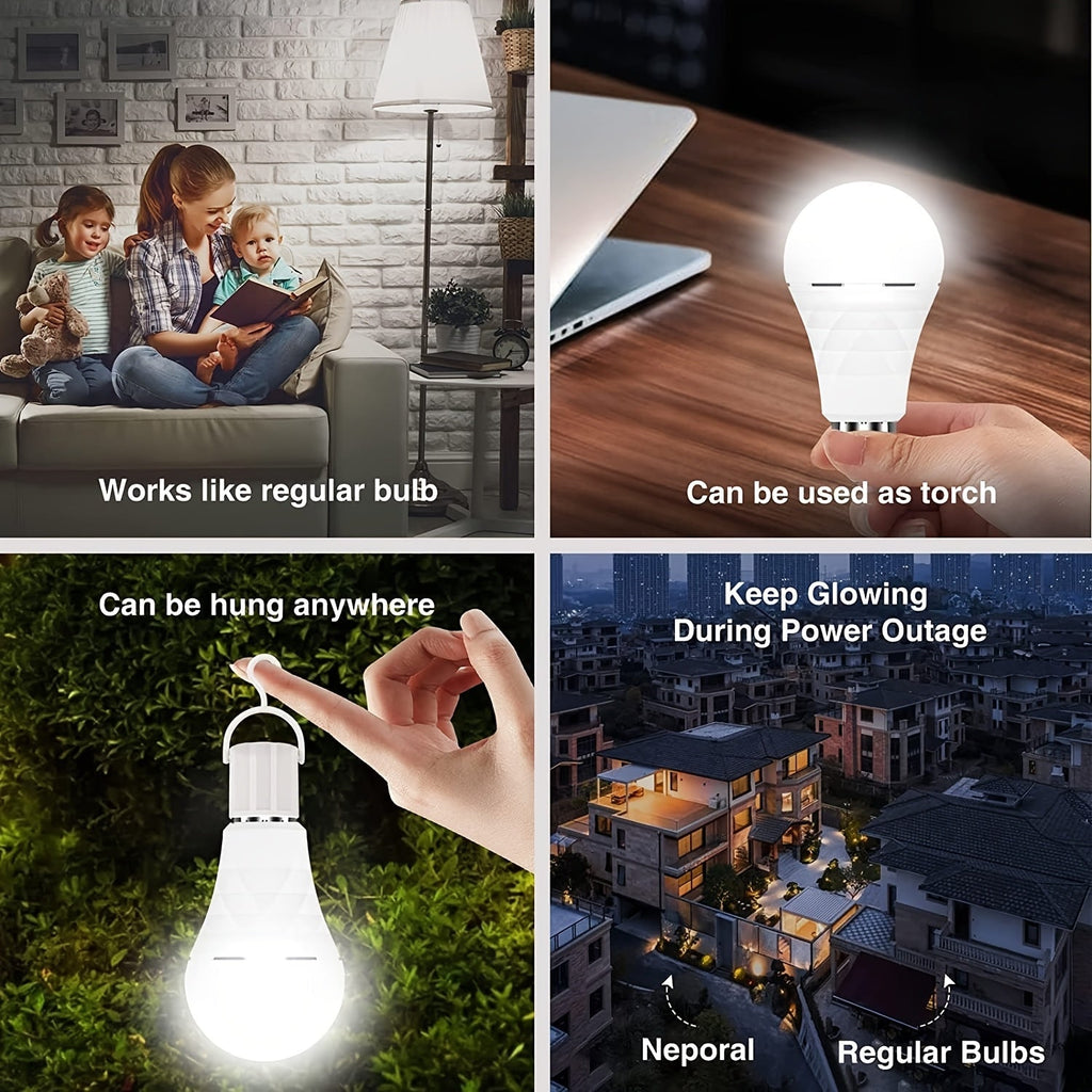 Rechargeable Emergency LED Light Bulb 12W 6500K 2000mAh with Polished Metal Finish ¨C Spherical Design Half-Flip Installation Backup Battery Bulb for Camping Hiking Indoor Outdoor Power Outage, 4 Pack