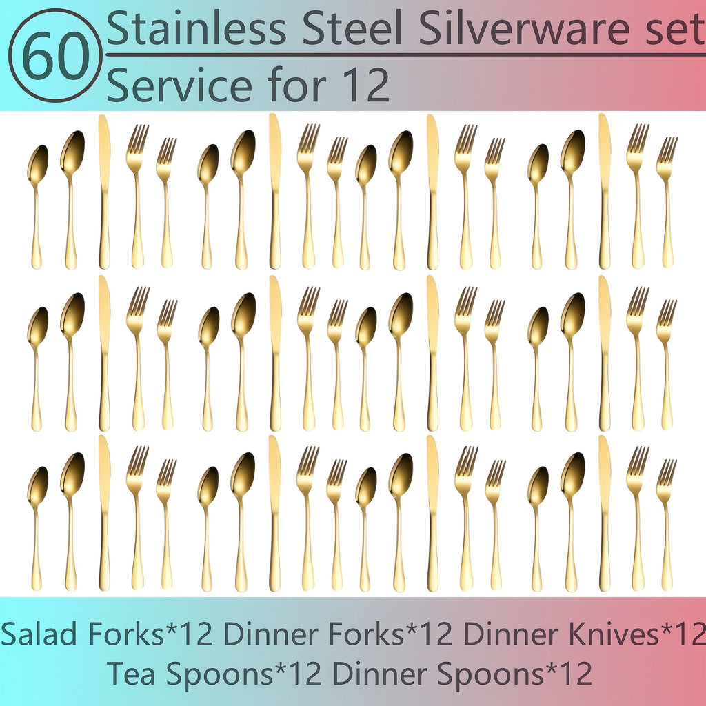 Flatware Set for 12, 60-Piece 304 Stainless Steel Cutlery Set with Mirror Polish & Titanium Plated Finish ¡ª Dishwasher Safe Silverware with Knife, Fork & Spoon | Silver, Gold & Rainbow