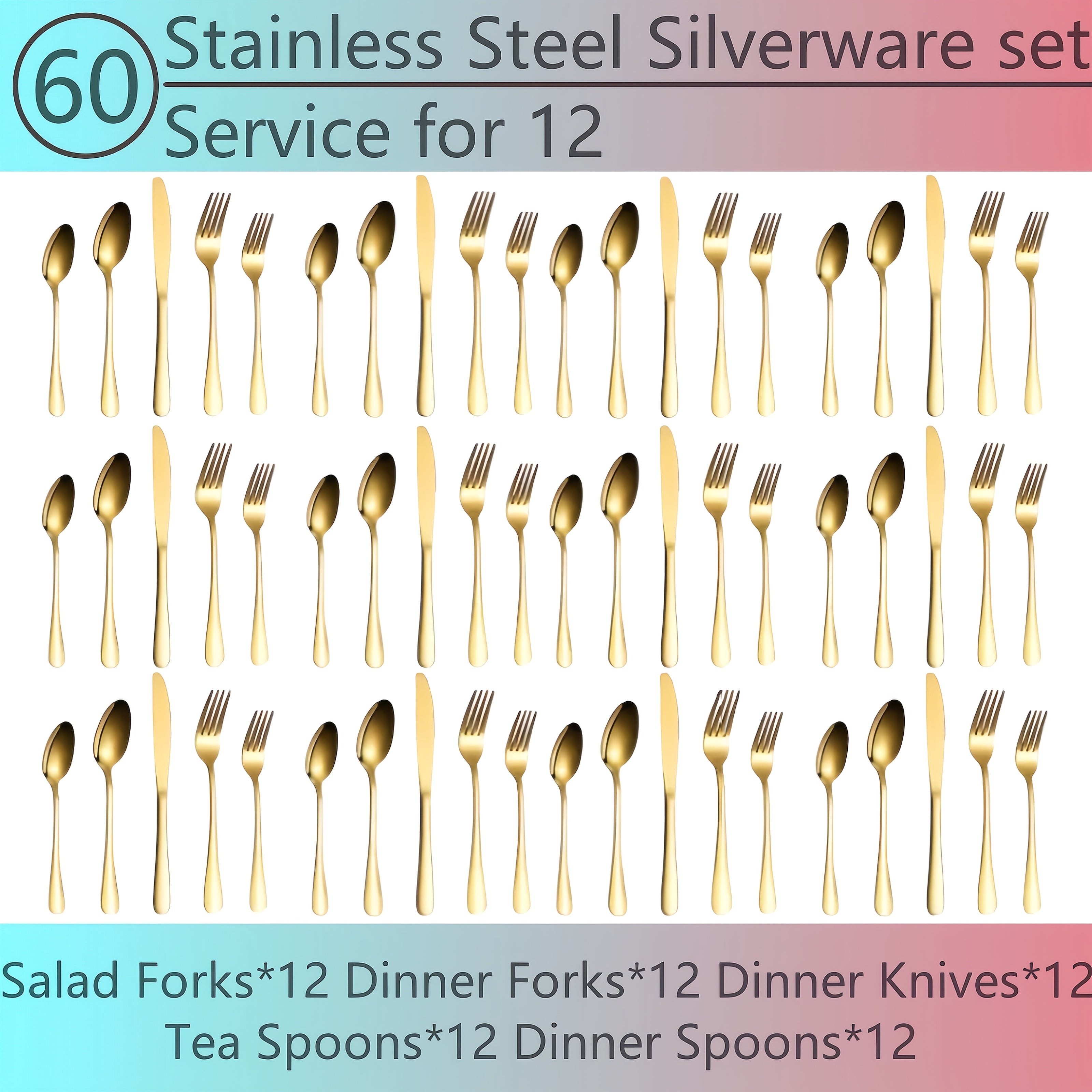 Flatware Set for 12, 60-Piece 304 Stainless Steel Cutlery Set with Mirror Polish & Titanium Plated Finish ¡ª Dishwasher Safe Silverware with Knife, Fork & Spoon | Silver, Gold & Rainbow