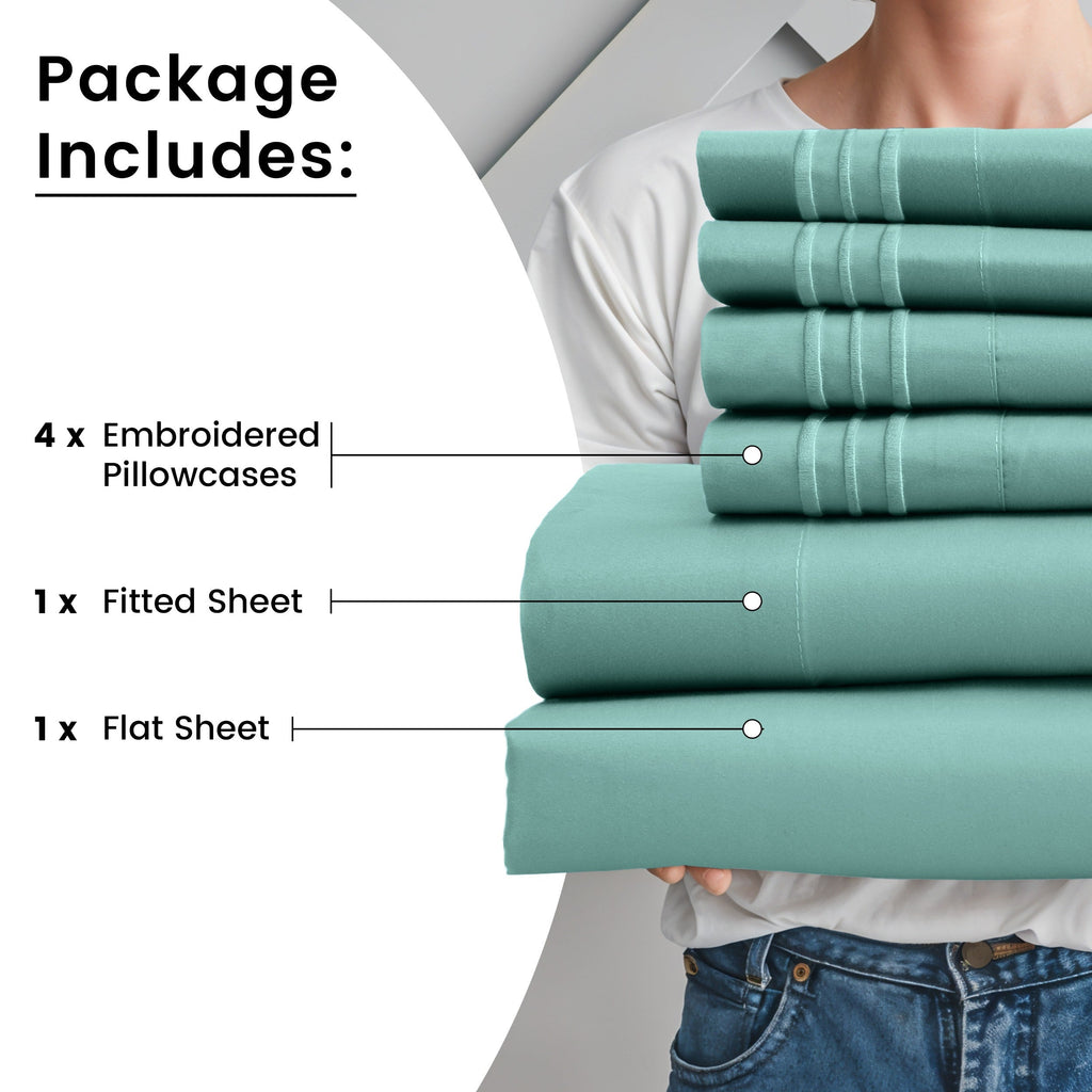 Fitted Sheet Set 6-Piece Brushed Polyester Deep Pocket Bed Sheets 20 Colors Hotel Luxury Soft Bedding with Embroidered Pillowcases