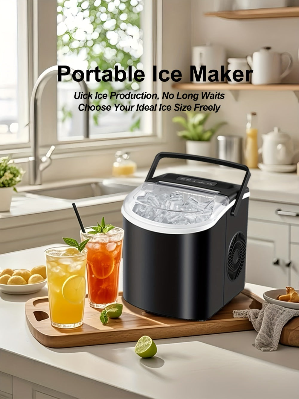 Ice Maker with Basket & Scoop ¨C 26 Lbs/Day Countertop Bullet Ice Machine, 9 Cubes in 6 Mins, Self-Cleaning, 5 Colors Pink White Green Silver Black, for Home, Kitchen, Office, Bar, RV & Camping