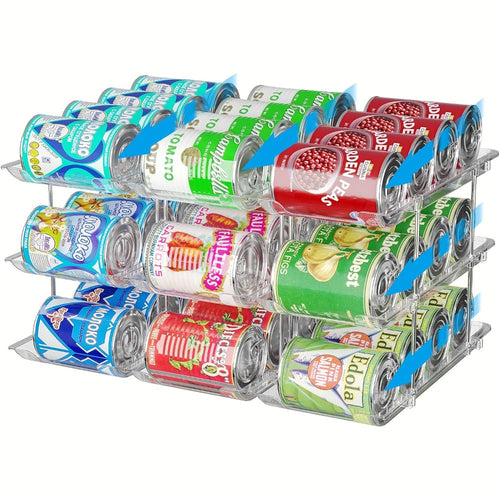 Can Storage Rack Pantry Organizer 36-Can Capacity 3-Tier Auto-Rolling Stackable | Transparent PET Canned Food Organizer for Kitchen Pantry Garage Dorm | Tool-Free Assembly for Soda Soup Vegetable Cans