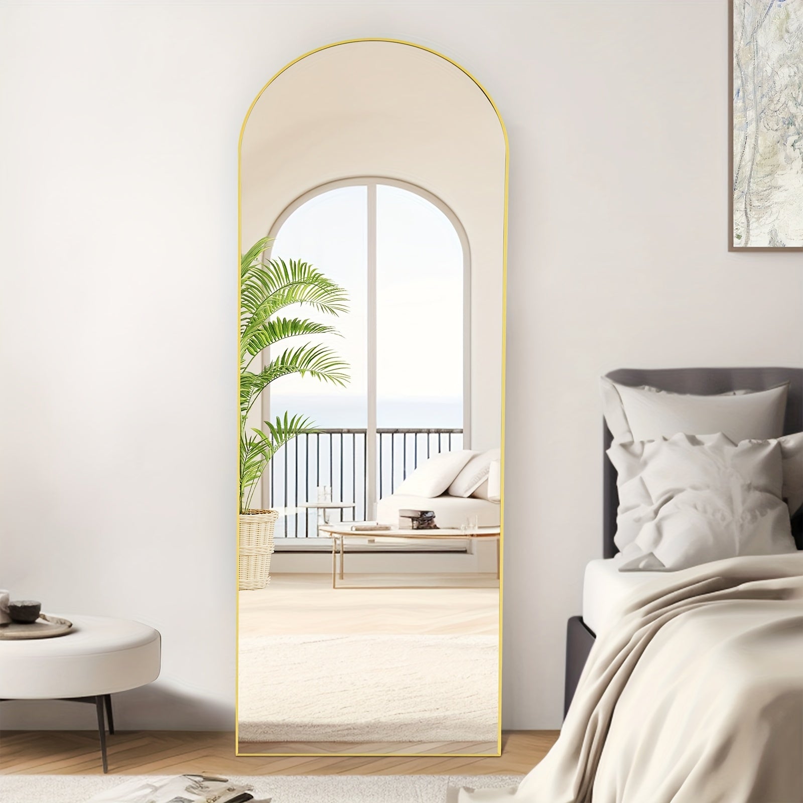 Full Length Floor Mirror with Stand ¨C Arched & Rectangular Full Body Mirror, Aluminum Alloy Frame, Shatter-Proof Nano Glass, Bedroom Living Room Cloakroom Wall Leaning Mirror