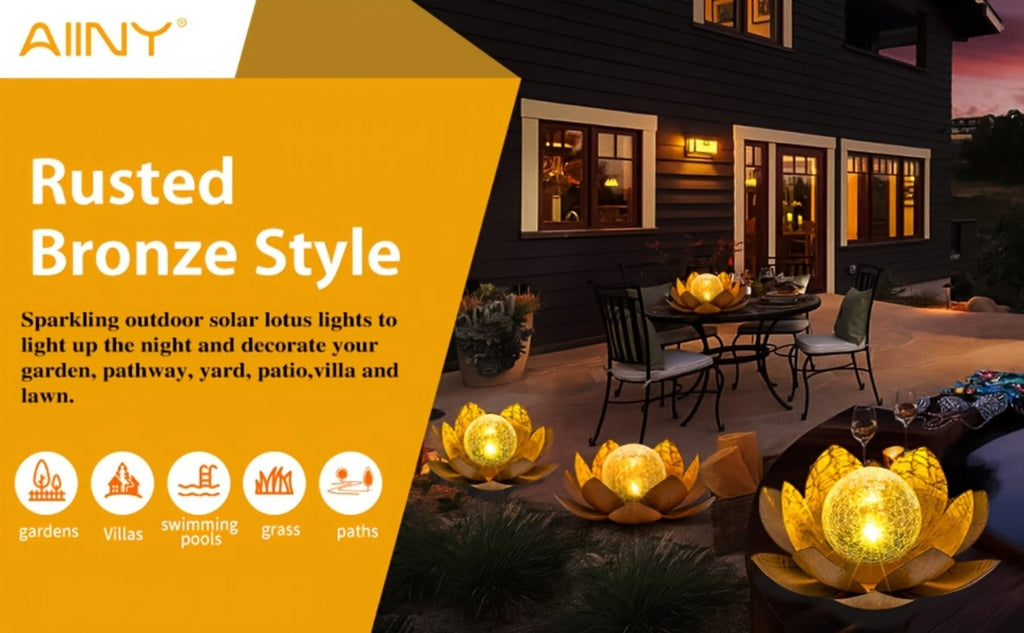 Solar Lotus Cracked Glass Ball Garden Lamp 2pcs ¨C Waterproof Metal Cracked Ball Solar Light for Outdoor & Indoor Decoration | Garden, Balcony, Dining Table & Living Room Decor | Father¡¯s Day Gift
