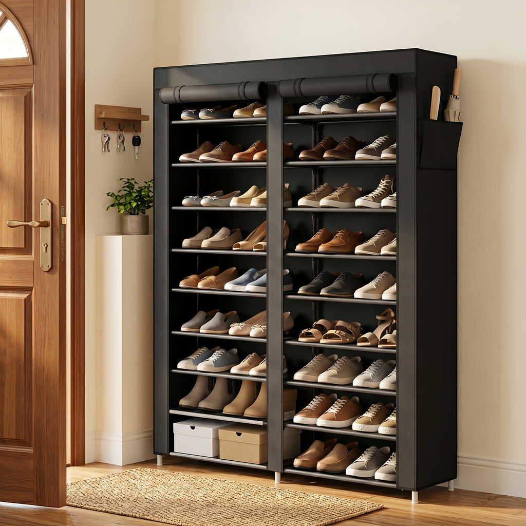 Shoe Rack Organizer 9 Tier Double Row Large Capacity Holds 42 Pairs Nonwoven Fabric Dust Cover Portable Shoe Cabinet Space Saving Easy Assembly for Home Bedroom Closet Dormitory Black